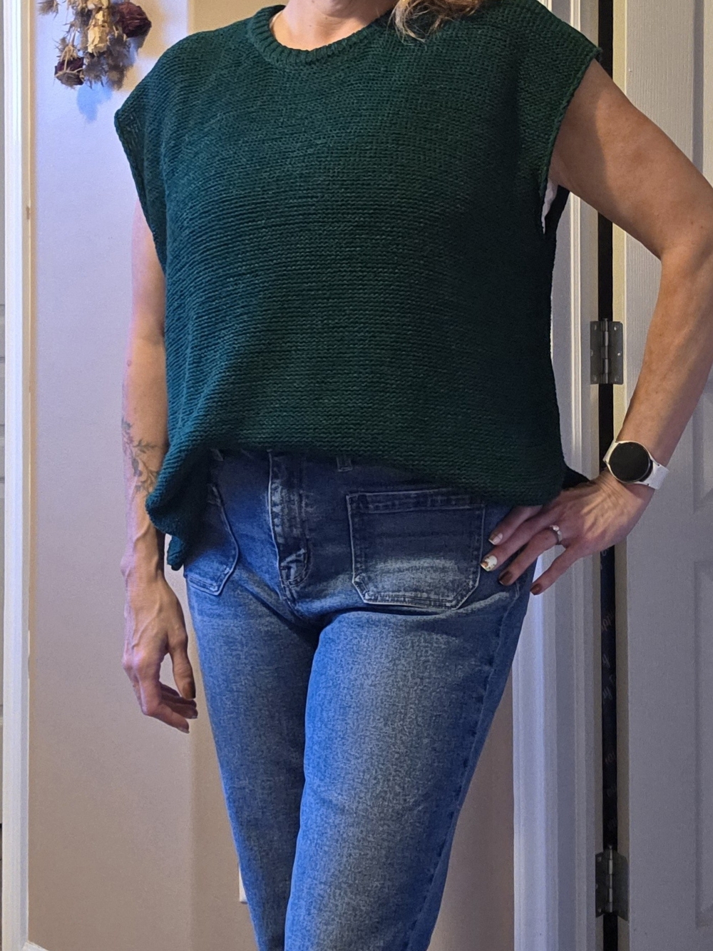 Zenana Knit Sweater, Cap Sleeves, Hunter Green, Medium